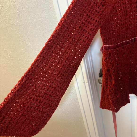 ANA Deep Red Crochet Scoop Sweater w/Velvet Ribbon at Waist & Sparkle Thread-XL - Picture 3 of 5